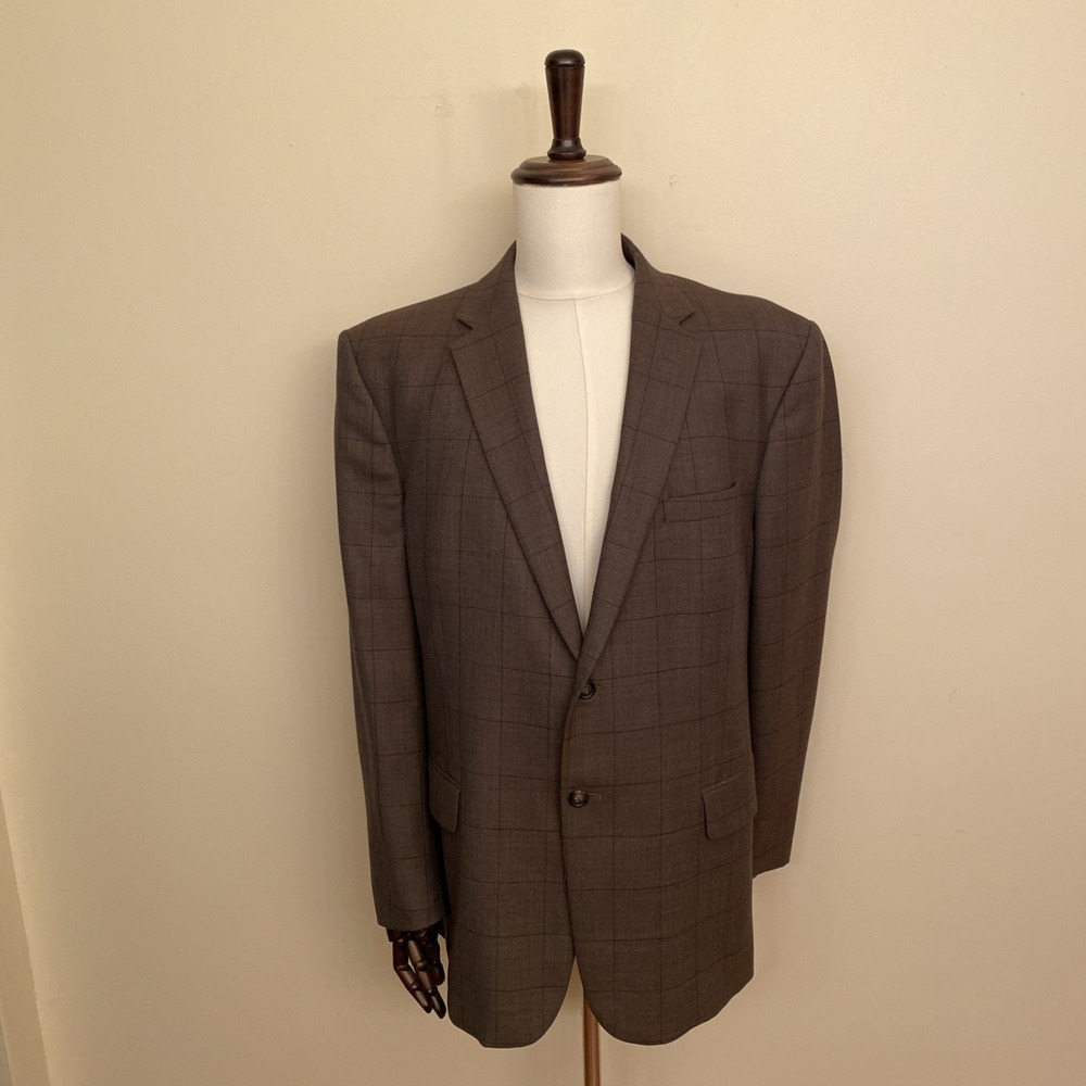 Jos A Bank Traveler 46R Brown Windowpane Wool Sport Coat Blazer Tailored Fit